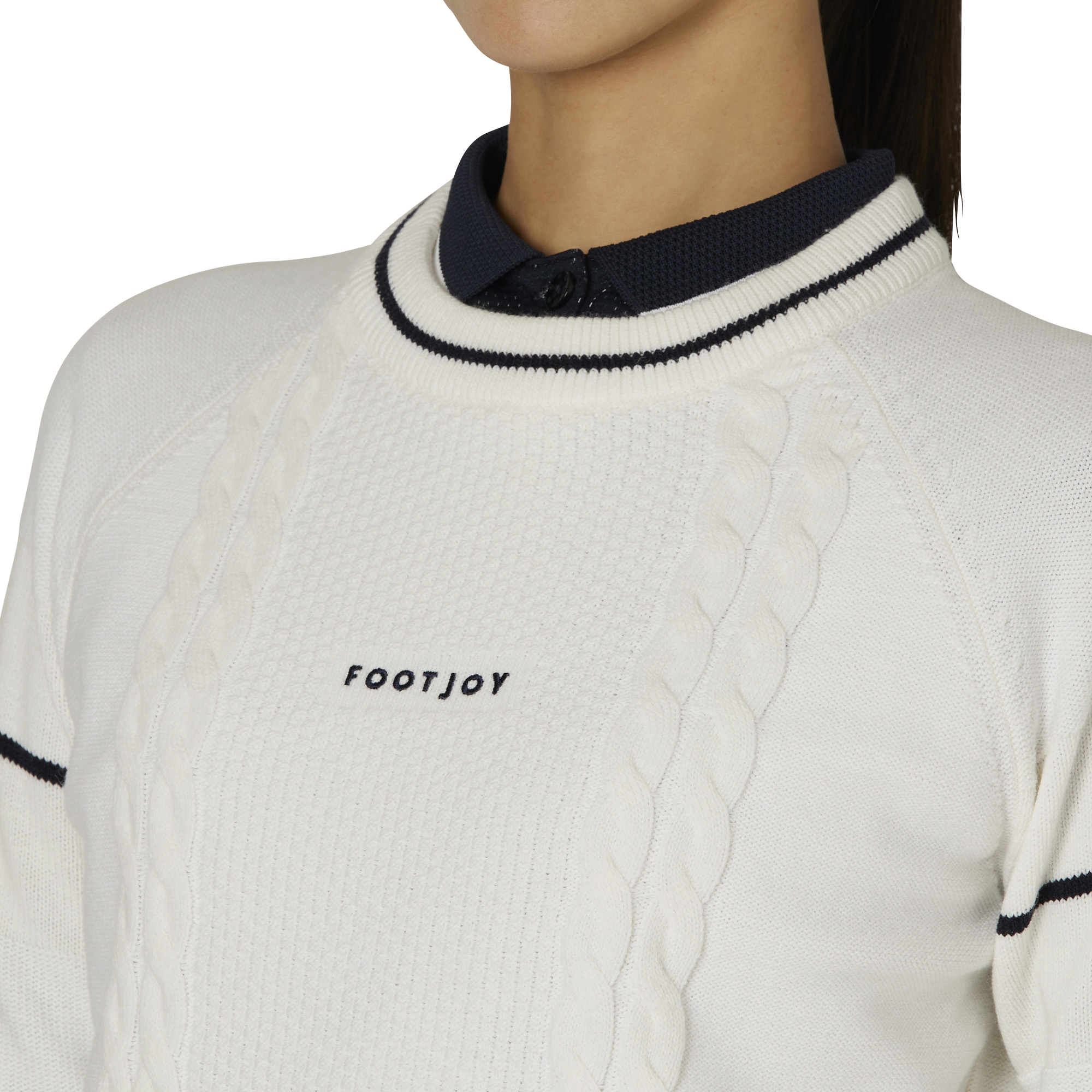 WOMEN'S ケーブル柄 防風裏地付き 長袖クルーネックセーター