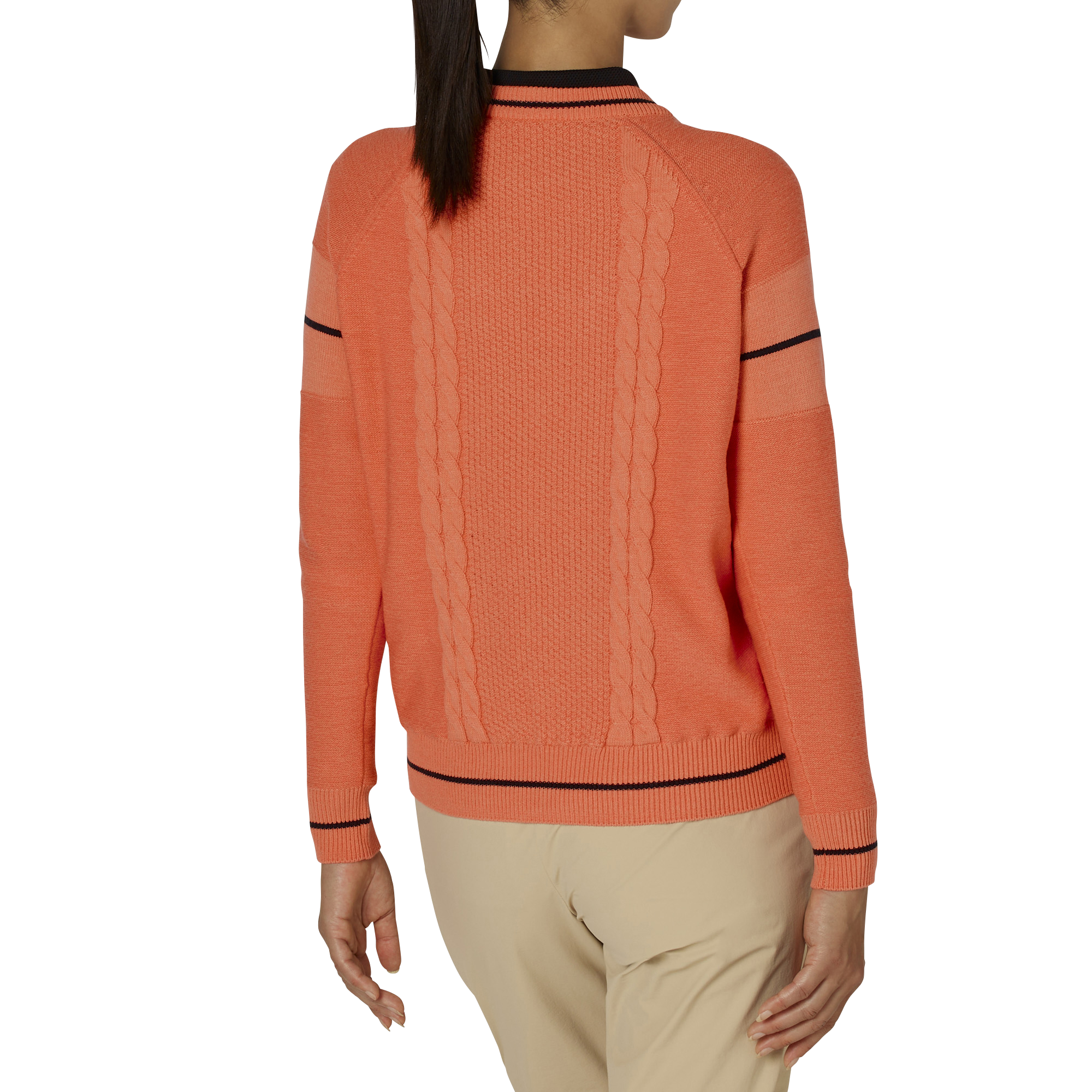 WOMEN'S ケーブル柄 防風裏地付き 長袖クルーネックセーター