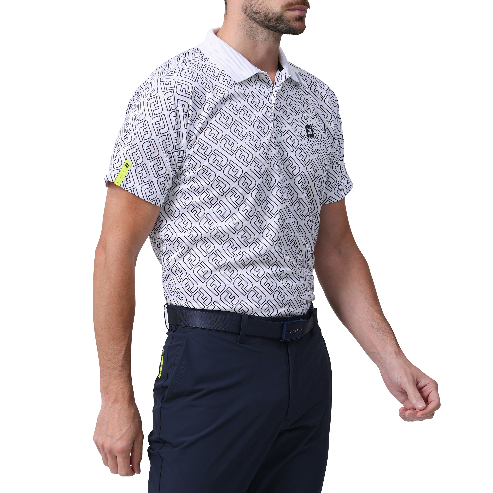 サイズＭ）フットジョイ　FJ　メッシュ　半袖　ポロシャツ　ホワイト　ゴルフ フットジョイ] ゴルフ ボールプリント半袖シャツ メンズ ストレッチ