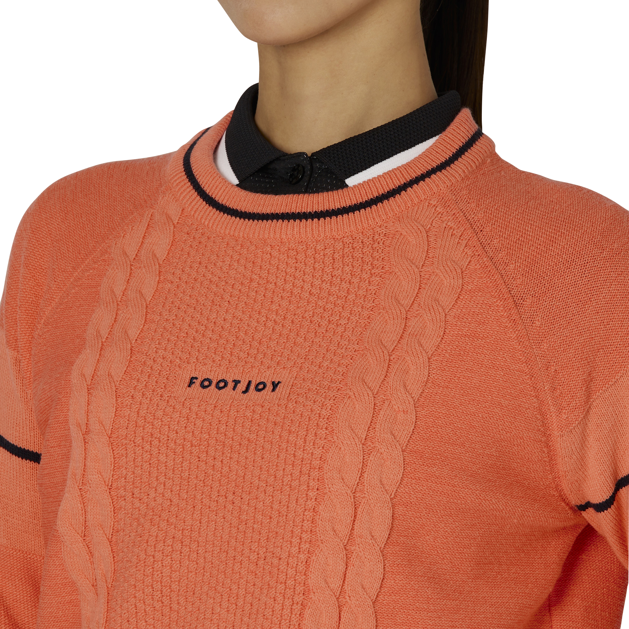 WOMEN'S ケーブル柄 防風裏地付き 長袖クルーネックセーター