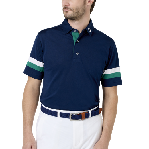 スリーブストライプ ストレッチ鹿の子半袖シャツ