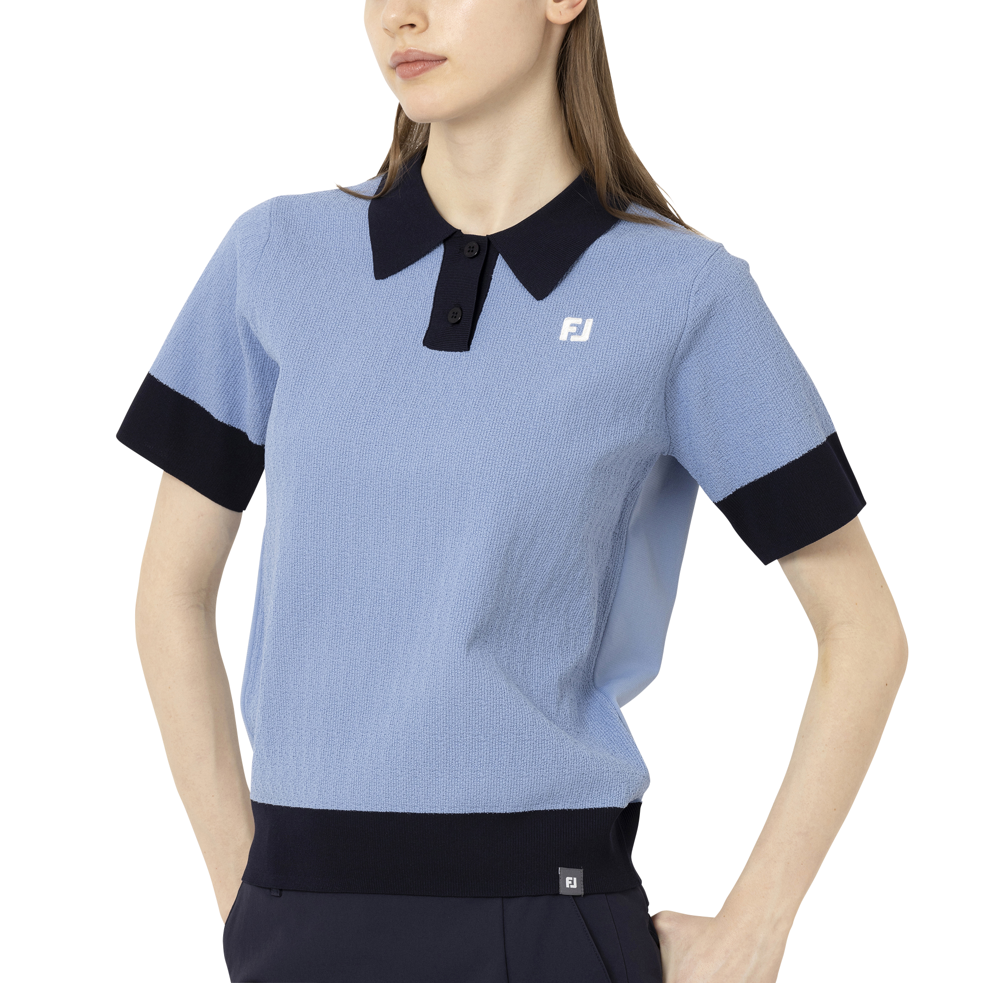 【フットジョイ】編地切替バイカラー半袖セーターポロ フットジョイ】編地切替バイカラー半袖セーターポロ 編地切替