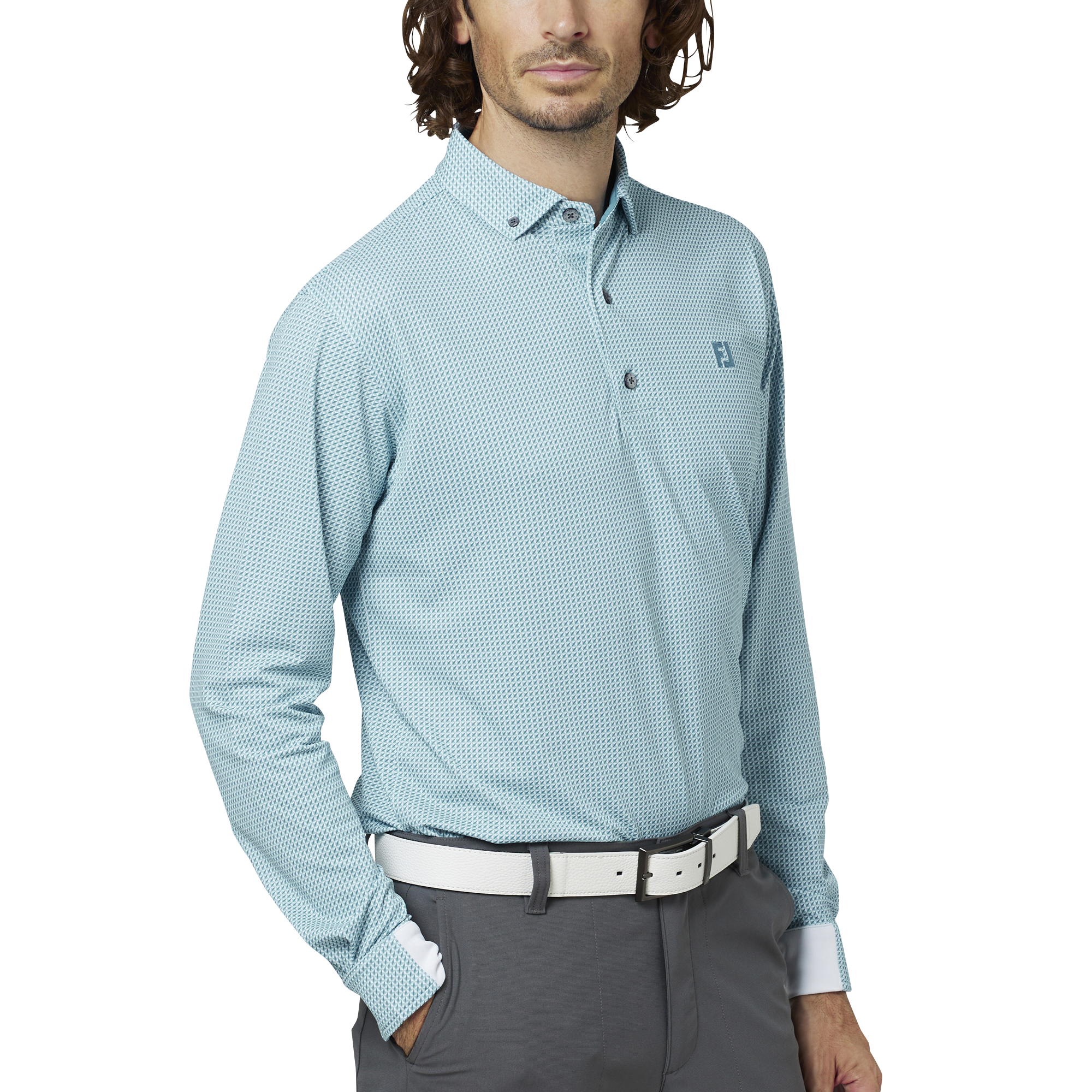 美品】FOOT JOY フットジョイ 長袖ポロシャツ 総柄 ブラック系 M